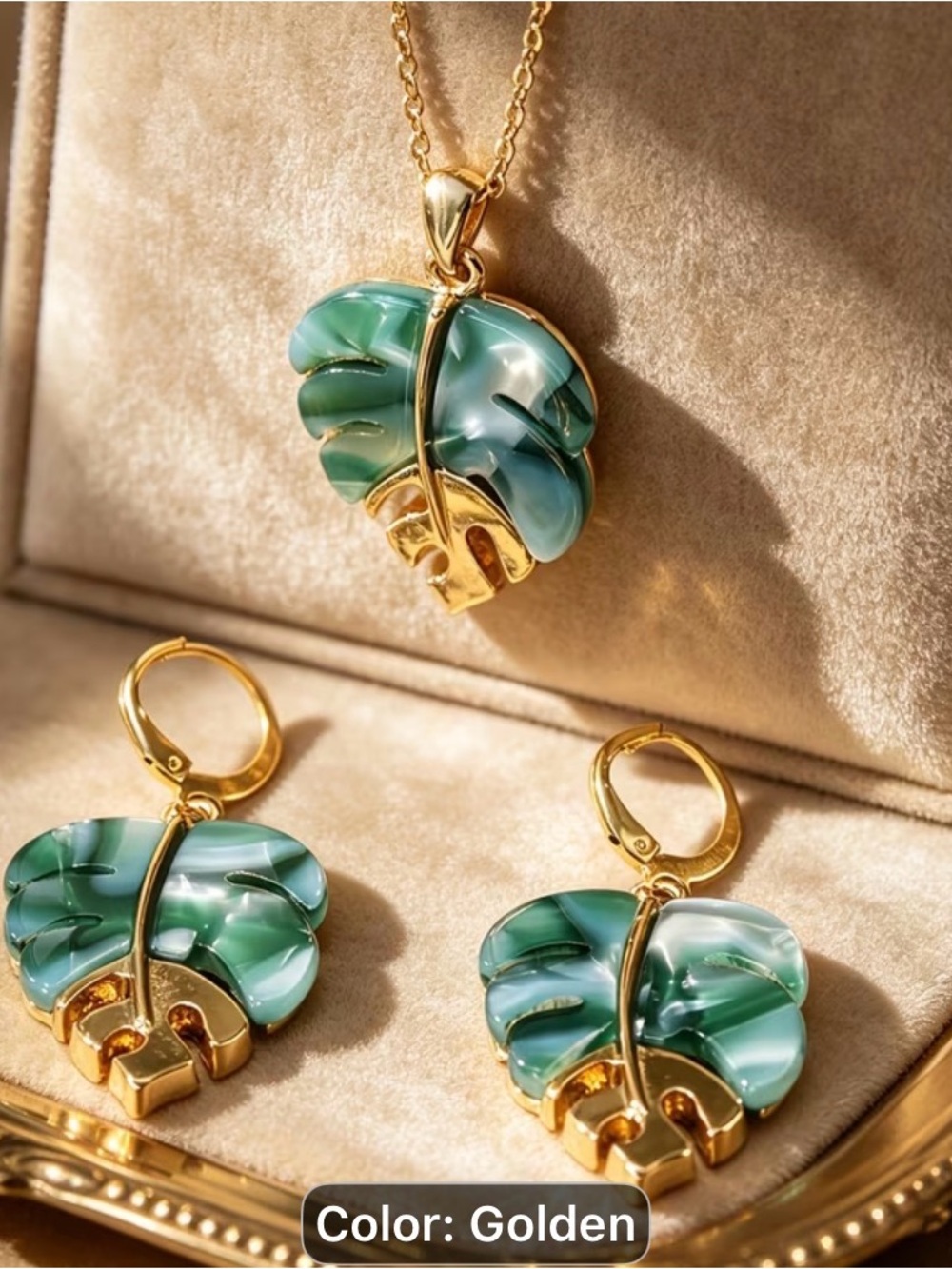 3pcs Bohemian Irregular leafGolden Green Marbled Monstera Pendant & Earrings Set